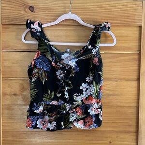 Patrons of Peace Black Floral Ruffle Tie-Front Camisole